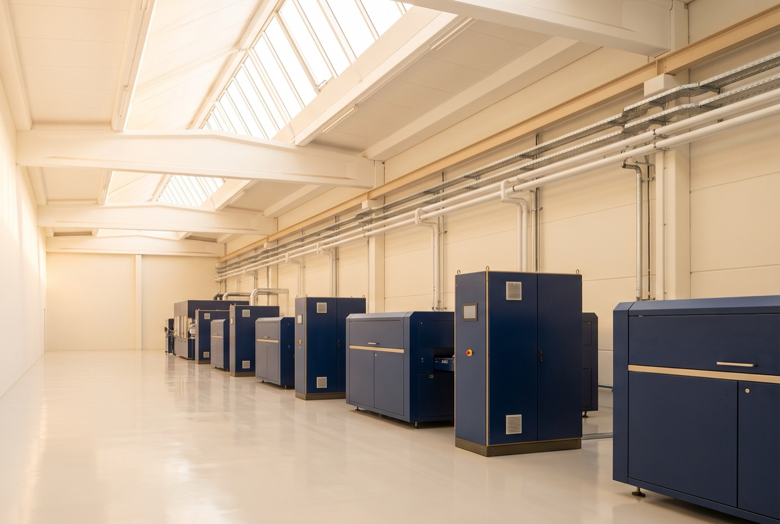 A bright operations hall with a row of navy equipment cabinets beneath overhead piping and a long skylight