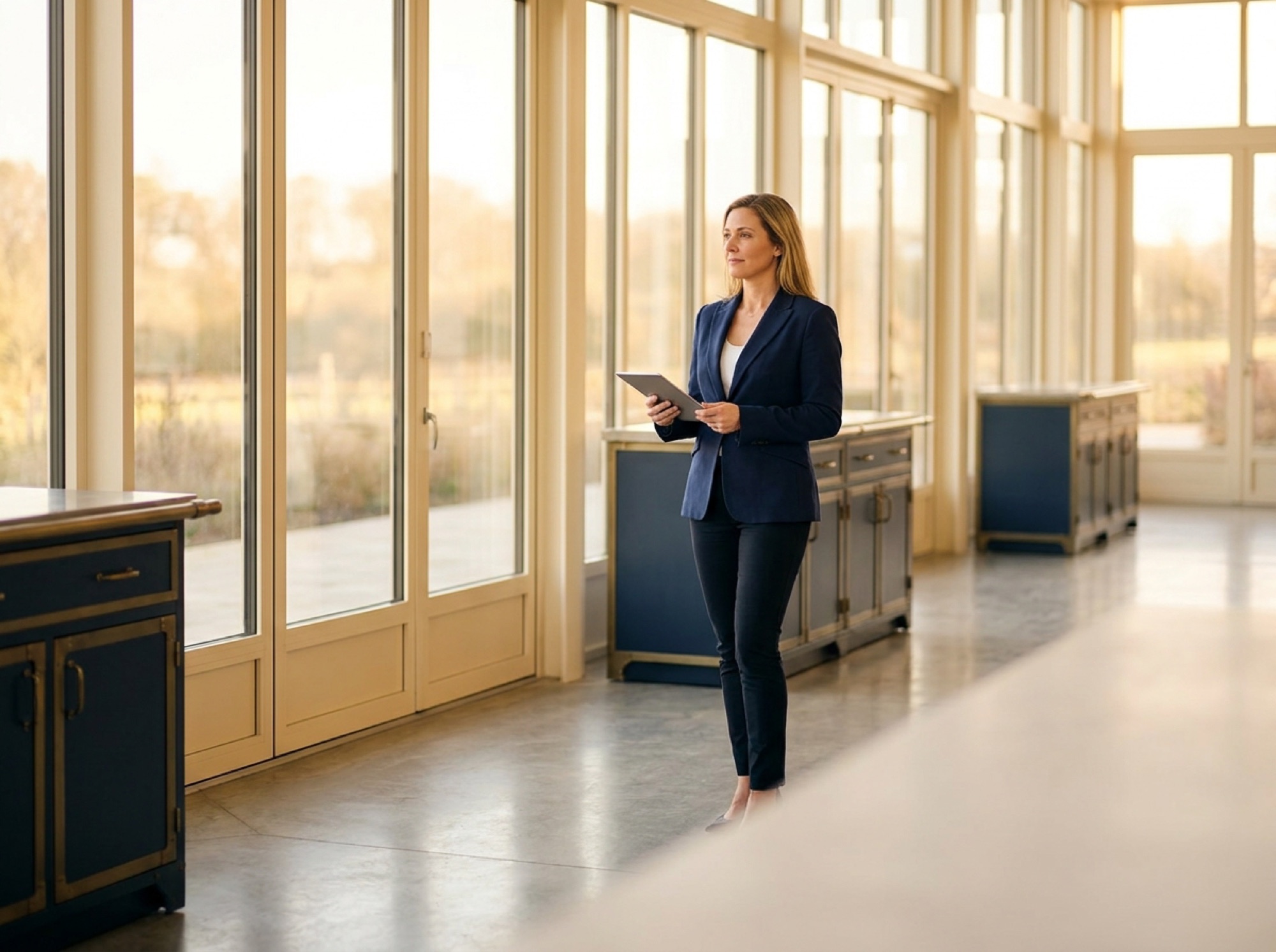A facility director with a tablet in a bright, immaculate modern facility