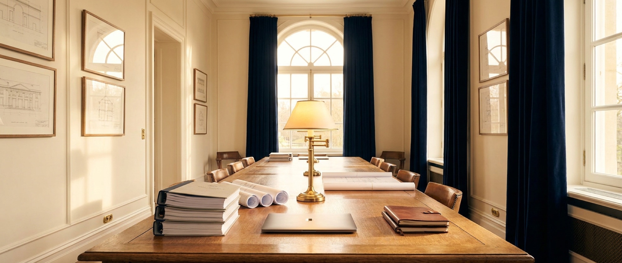 A long oak reading table holding organized reports and drawings under a brass lamp in a refined study