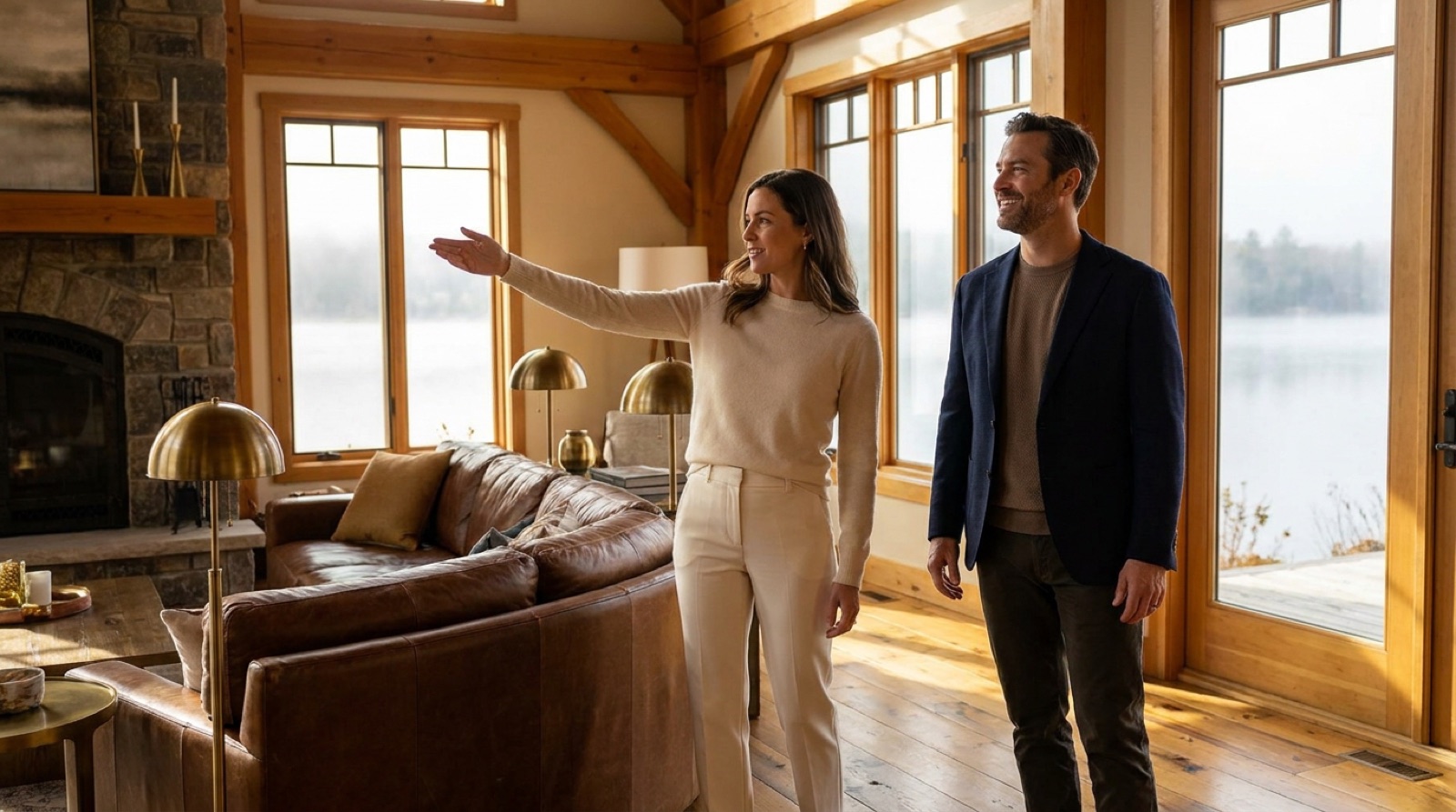 A host gestures toward tall lake-view windows as a guest takes in the great room of a timber lodge