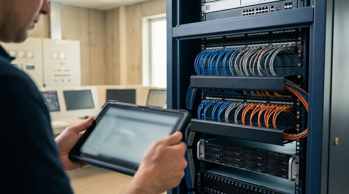 Over the shoulder of a technician holding a tablet in front of a neatly cabled network rack