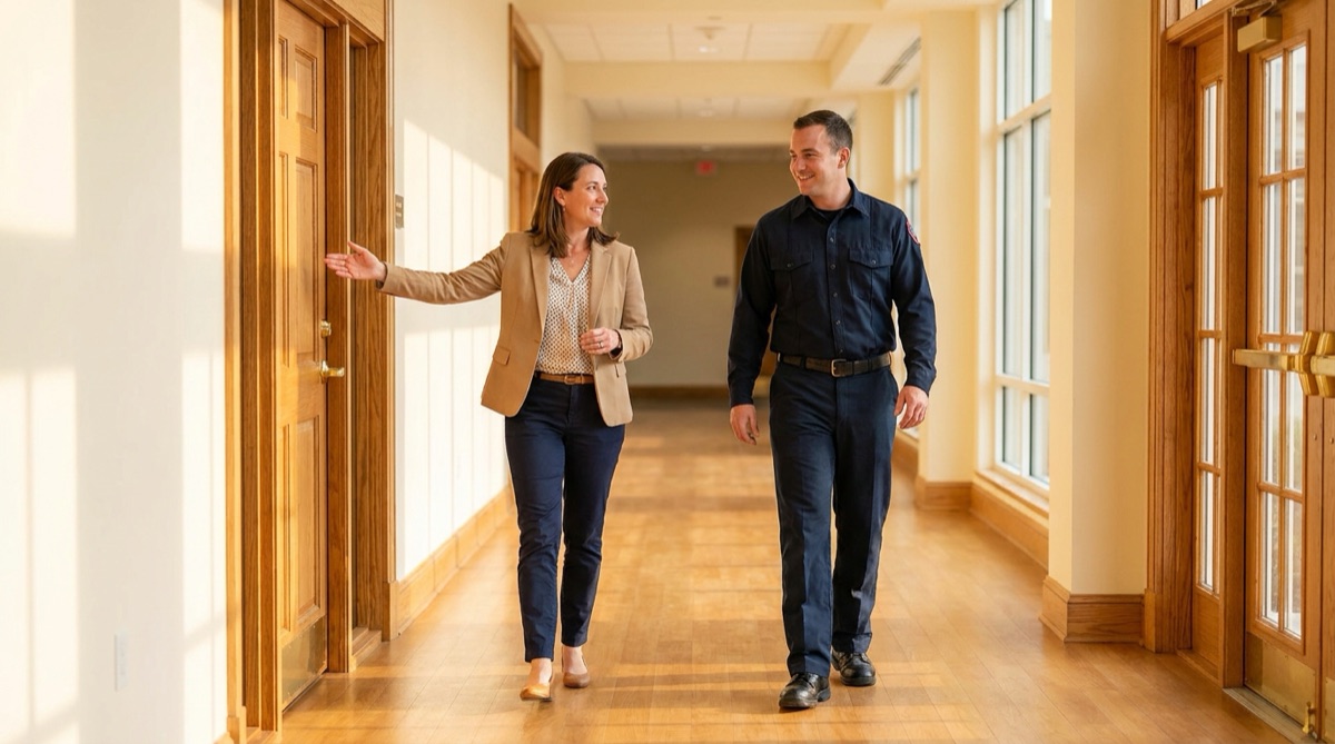 A facility manager gestures toward a doorway while walking a warm corridor with a responder