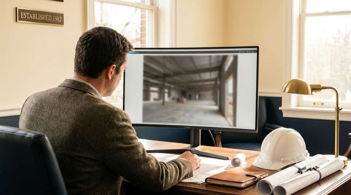 An estimator at a desk reviews a building interior on a large monitor, hard hat and drawings beside